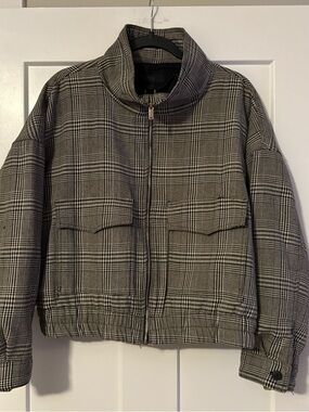 Zara Black and Gray Plaid Zip-Up Bomber Jacket